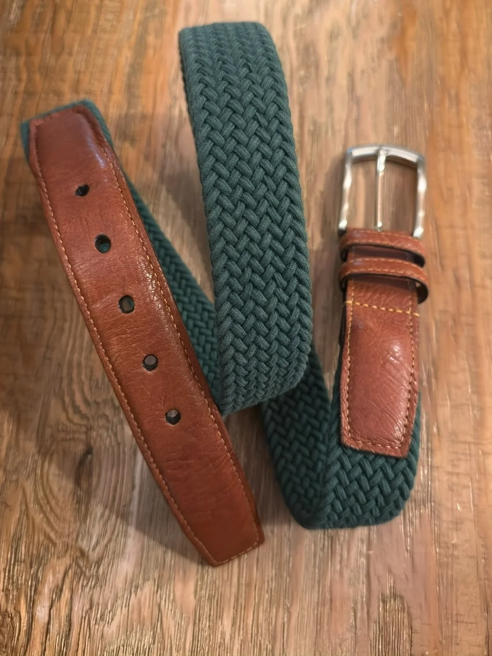 Torino Braided Stretch Belt with Brown Leather Trim - Green